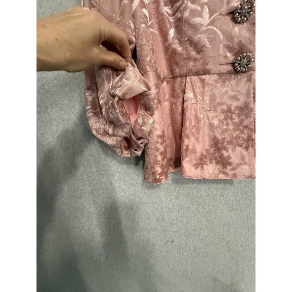 Serafina Jacket Womens 12 Pink Floral Jacquard Faux Fur Rhinestone Button Peplum - Picture 4 of 16